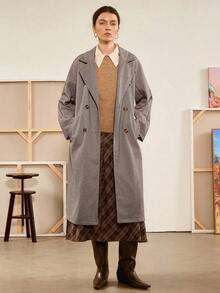 Almamuse Women's Autumn/Winter Herringbone Lapel Double-Breasted Belted Loose Long Coat