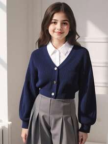 Tween Girls Casual Everyday Simple Solid Color Ribbed Knit Cardigan, Autumn/Winter - Royal Blue - View 11