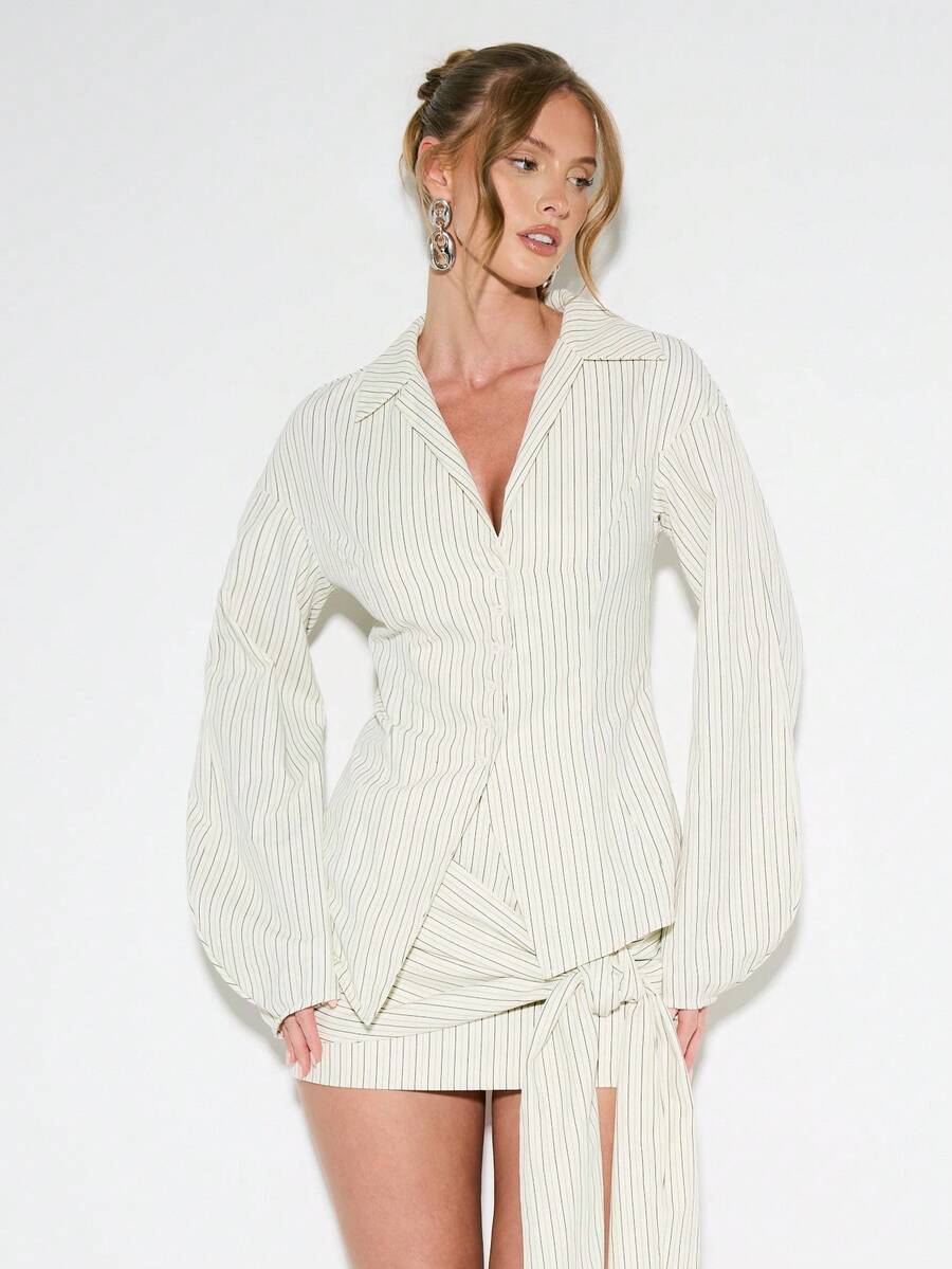 KIZN Professional Pinstripe Button Down Blouse Asymmetric Design Business Wear Statement Long Sleeve Office Shirt - Apricot - View 1