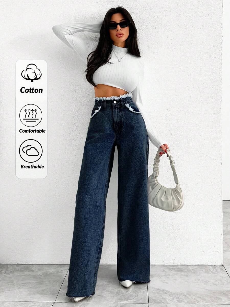 Hochsitzende Weite Jeans mit ausgefranstem Tasche