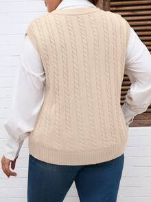 Áo vest dệt kim màu trơn cổ chữ V cỡ lớn dành cho nữ, phong cách sinh viên, thích hợp cho mùa tựu trường, mùa thu/đông - Màu be - Xem 2