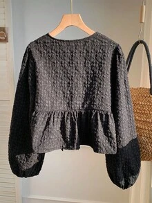 SHEIN Comfortcana 女式黑色纯色荷叶边下摆系带腰休闲长袖衬衫，秋季 - 黑色 - 查看 2