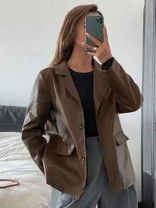 DAZY Women's Loose Casual PU Blazer Jacket, Autumn Buisness Attire