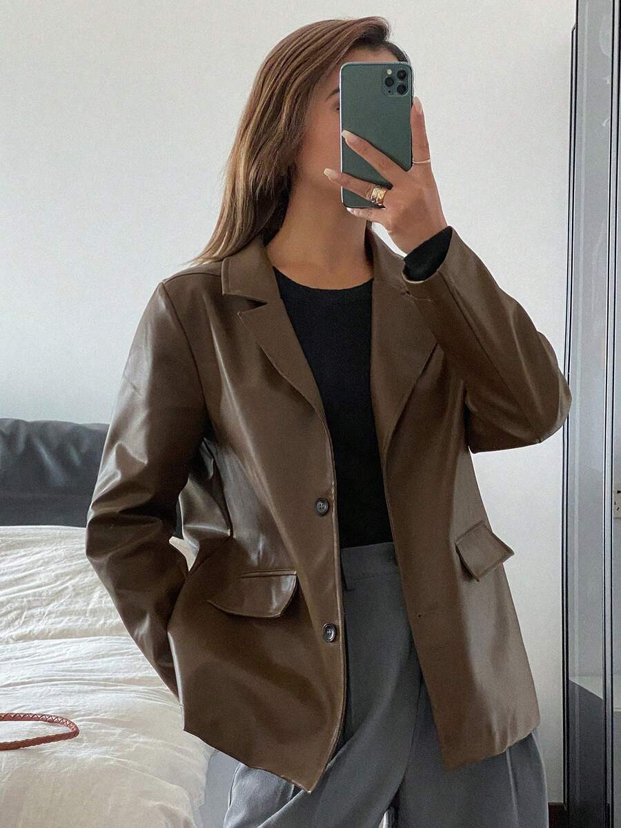 DAZY Women's Loose Casual PU Blazer Jacket, Autumn Buisness Attire