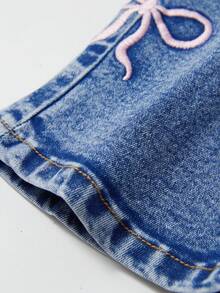 Baby Girls' Flare Jeans, Autumn/Winter New Arrival, Blue Denim, Outdoor & Casual Wear, Soft Cotton, High Elasticity, Embroidered Bowknot, Versatile Fashion Item, Elastic Waistband, Fitted Silhouette, Suitable For Home, Outings, Vacations, Photoshoots, Wardrobe Essential, Gatherings, Daily Wear (Top Not Included) Fall - Medium Wash - View 6