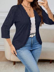 SHEIN Clasi Plus Size Women Textured Knit Jacket, Autumn - Navy Blue - View 4