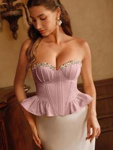 SHEIN Unity New Women's Elegant Date Party Satin Bustier Bra With Steel Boned Fishbone Collar, Handcrafted Rhinestone Decor, Ruffle Hem Patchwork, Spring/Summer - Pink - View 2