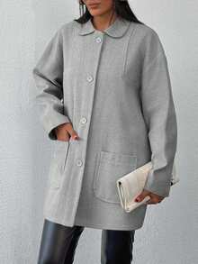 EURMUSE Cotton Knitted Overcoat Drop Shoulder Double Pocket Coat Easy To Style Perfect For Autumn And Winter - Grey - View 3