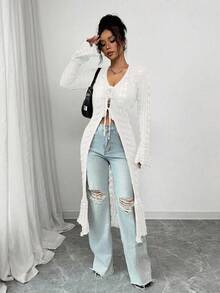 Rafferiza Brown V-Neck Long Sleeve Flared Cuff Knit Long Cardigan For Women, Casual Fit, Spring/Autumn