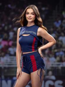 SHEIN Sports Conjunto deportivo de top sin mangas con estampado de letras y pantalones cortos con recortes para mujer, conjunto de animadoras para entrenamiento - Azul - Ver 4