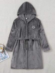 男童灰色字母刺绣阻燃长袖连帽羊毛浴袍家居服 - 深灰色 - 查看 6