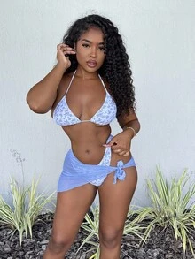 Alexandranx Women's Summer Beach Ditsy Floral Halter Neck Tie Bikini Swimwear Set With Cover-Up Skirt, 3 Pieces Bathing Suits