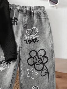 SHEIN 2 件 Babygirl 可爱休闲针织字母印花长袖上衣和松紧腰裤套装