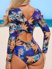 SHEIN Swim Plant Print Hollow Out One-Piece Swimsuit, Random Print Pattern, For Beach & Holiday For Summer Beach Vacation - Multicolor - View 7