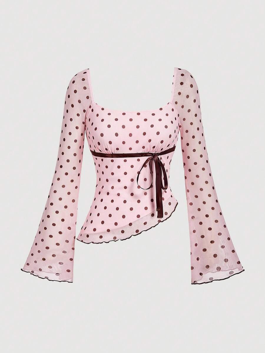 SHEIN MOD Women's Sweet Asymmetric Hem Polka Dot Flare Sleeve Bow Mesh T-Shirt, Polka Dot Top, Pink Top,Valentine Outfits - Pink - View 1