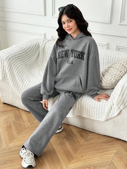 SHEIN 少女超大保暖连帽衫和阔腿运动裤两件套，休闲宽松，适合上学、万圣节、日常穿着，适合秋冬季