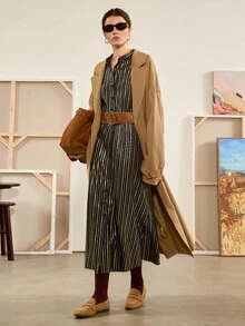 Chiquease Striped Print Collared Elegant Office Long Sleeve Dress Fall Cloth For Women - Brown - View 3