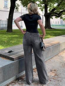 Jeta Ari 女式宽松口袋阔腿休闲牛仔裤 - 灰色 - 查看 2