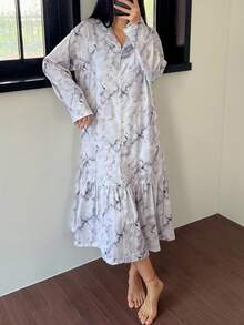 扎染图案全身印花宽松女士睡袍，秋季睡衣 - 淺灰紫 - 查看 3
