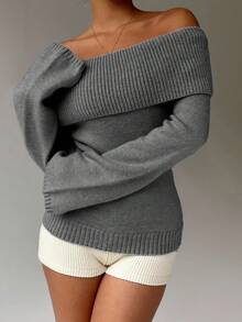 FavEase Women's Casual Solid Color Foldover Off Shoulder Pullover Sweater, Autumn - Grey - View 8