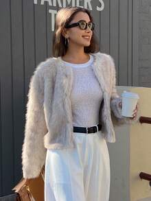 DAZY 女士加厚蓬松外套，秋冬新款女式外套 - 杏色 - 查看 5