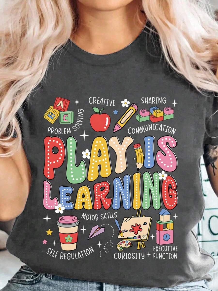 EMERY ROSE 复古时尚玩耍学习幼儿园老师日托 T 恤，透气舒适，短袖圆领上衣，适合所有季节 - 深灰色 - 查看 1