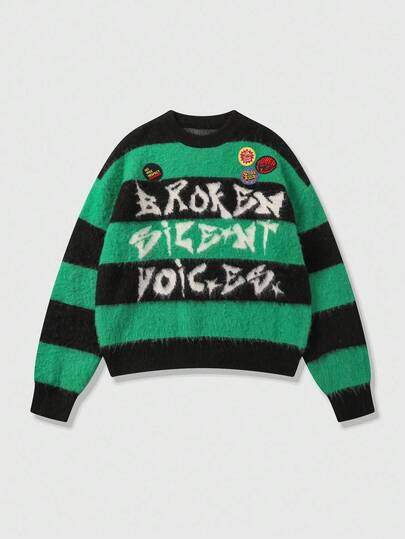 Prep Jersey de punto jacquard con rayas y bordado de iconos para hombre, otoño e invierno