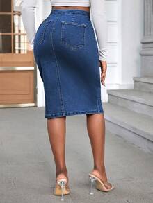 EURMUSE Women's Fashionable Sexy Front Button Bodycon Denim Mini Skirt - Medium Wash - View 2