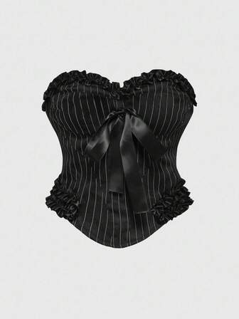 Goth Plus Size Women Gothic Dark Striped Fabric Bow Tie Bandeau Top, Can Be Worn As Layering