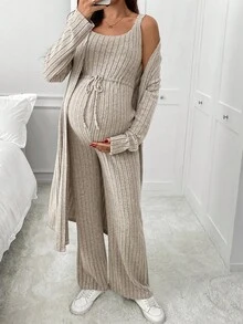 SHEIN 2pcs Maternity Ribbed Long Sleeve Cardigan And Drawstring Waist Jumpsuit Casual Set, Autumn - Apricot - View 4