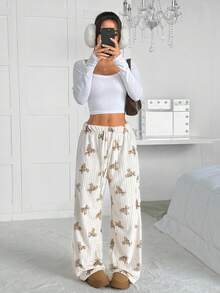 SHEIN EZwear Quần ống rộng in hình gấu hai mặt bằng vải nỉ ấm áp cho mùa thu đông karaoke Giáng sinh dành cho nữ - Nhiều màu - Xem 5