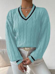 EMERY ROSE Jersey de cuello en V con ribete de color contrastante, otoño/invierno - Celeste - Ver 5