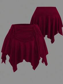 Sweetra Plus Size Elastic Waist Front Drawstring Asymmetrical Hem Skirt Pants - Burgundy - View 1