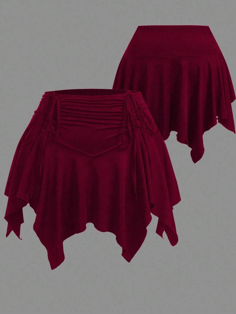 Sweetra Plus Size Elastic Waist Front Drawstring Asymmetrical Hem Skirt Pants - Burgundy - View 1