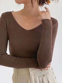 DAZY Women V-Neck Slim Fit Thin Long Sleeve Knit Sweater Fall/Winter