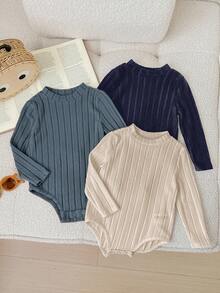 SHEIN LMoss Kids 3件套新生儿男女宝宝纯色针织连体衣，面料柔软舒适，百搭休闲，适合日常穿着和叠穿，中性色调，保暖舒适，适合秋冬季节。 - 杏色 - 查看 6