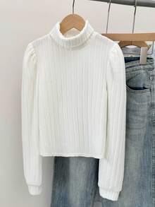 SHEIN 少女纯白色罗纹高领灯笼长袖T恤，休闲日常穿着，可与妈妈亲子装搭配，时尚秋季款