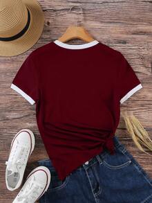 SHEIN 女士休闲撞色装饰圆领T恤，夏季 - 酒紅色 - 查看 2