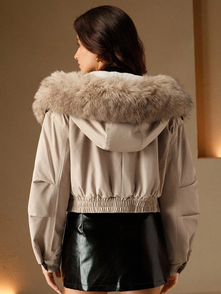 女性用 秋冬 長袖 ショート フェイクファー襟 カーディガン