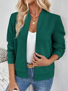 SHEIN LUNE 休闲卡其色针织提花夹克，适合通勤纹理夹克女绿色飞行员夹克女绿色夹克女女士休闲夹克女秋冬春季夹克 - 墨綠色 - 查看 7