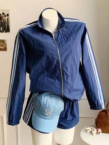 Comfortcana Women's Fall Casual Commuter Contrast Stripe Jacket And Shorts 2 Pieces Set Navy Blue Jacket Women Track Jacket,Halloween Outfit