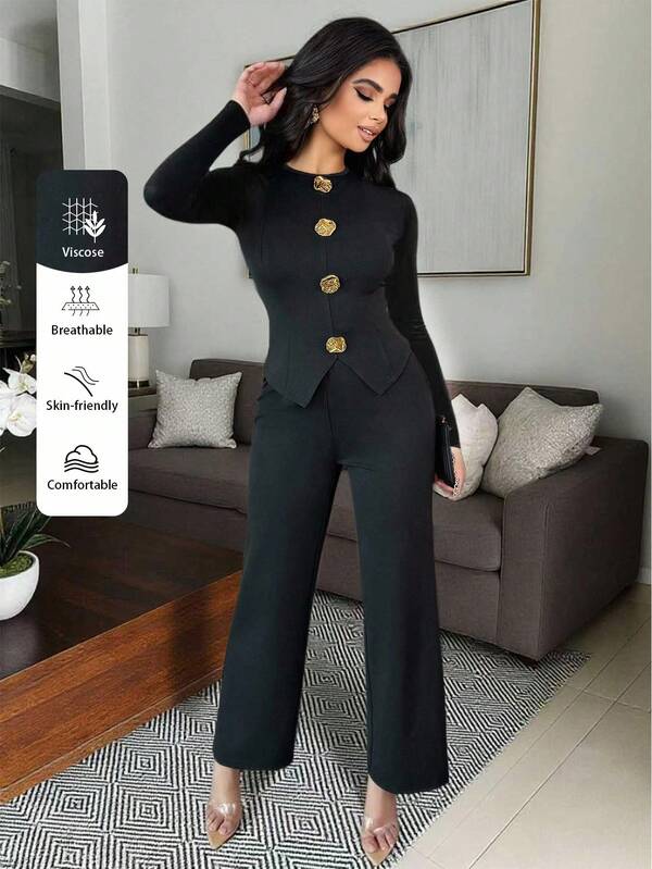 Vavine 1 Conjunto de Blusa Delgada de Manga Larga con Decoración de Botones de Metal Elegante para Mujer