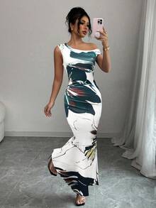 Elenzga Floral Print Asymmetrical Neck Fishtail Dress, Spring/Summer - Green - View 4