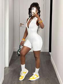 Slaydiva 女式简约前拉链无袖修身休闲连体裤 - 白色 - 查看 5