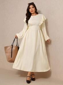 Elaquor Plus Size Casual Solid Color Ruffle Hem Dress Plus Size Church Dress Plus Size Modest Dress Curve Elegant Dress Plus Size Cream Dress Dress Modest Plus Size Cream Ruffle Dress Cream Dress Plus Size