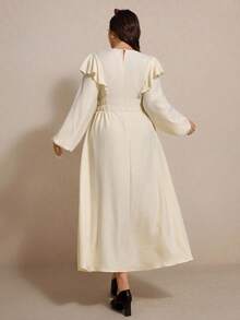 Elaquor Plus Size Casual Solid Color Ruffle Hem Dress Plus Size Church Dress Plus Size Modest Dress Curve Elegant Dress Plus Size Cream Dress Dress Modest Plus Size Cream Ruffle Dress Cream Dress Plus Size