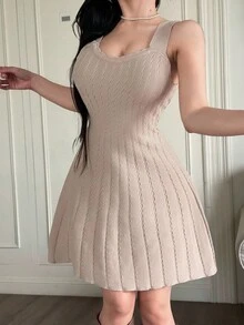 Feyla 2件組女款寬鬆法式優雅針織洋裝開襟衫套裝，秋冬毛衣套裝，早午餐米色 - 駝色 - 查看 6