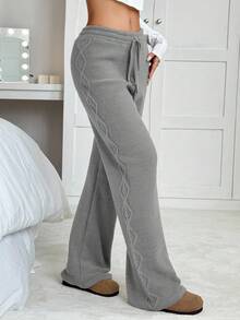 EURMUSE Quần ống rộng dệt kim dày có dây rút eo rộng rãi thường ngày cho nữ, mùa thu/đông - Xám - Xem 4