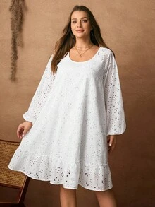 Rosumi 大尺碼女款刺繡鏤空圓領燈籠袖寬鬆休閒白色鏤空洋裝，波希米亞風度假茶會秋季洋裝 - 白色 - 查看 6