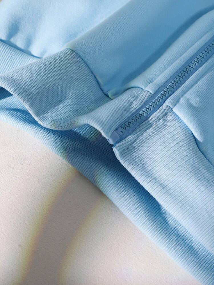 Sparklyn 少女外套，纯色时尚蝴蝶结卫衣夹克，舒适加厚保暖内衬卫衣面料，袖口蝴蝶结装饰，青春活力风格，适合返校季或秋冬季日常户外穿着。 - 藍色 - 查看 6